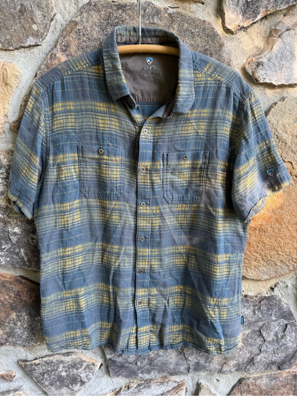 KÜHL Mens Large Linen Cotton Plaid Short Sleeve Button Down Shirt Blue Yellow